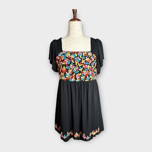 Savanna Jane Black Floral Embroidered Square Neck Tunic Top Blouse Sz Small READ